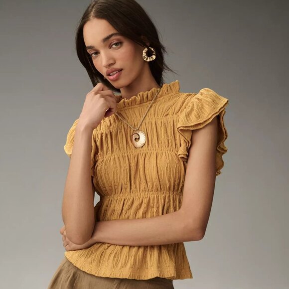 ANTHROPOLOGIE: Smocked Top: Gold - Picture 2 of 8